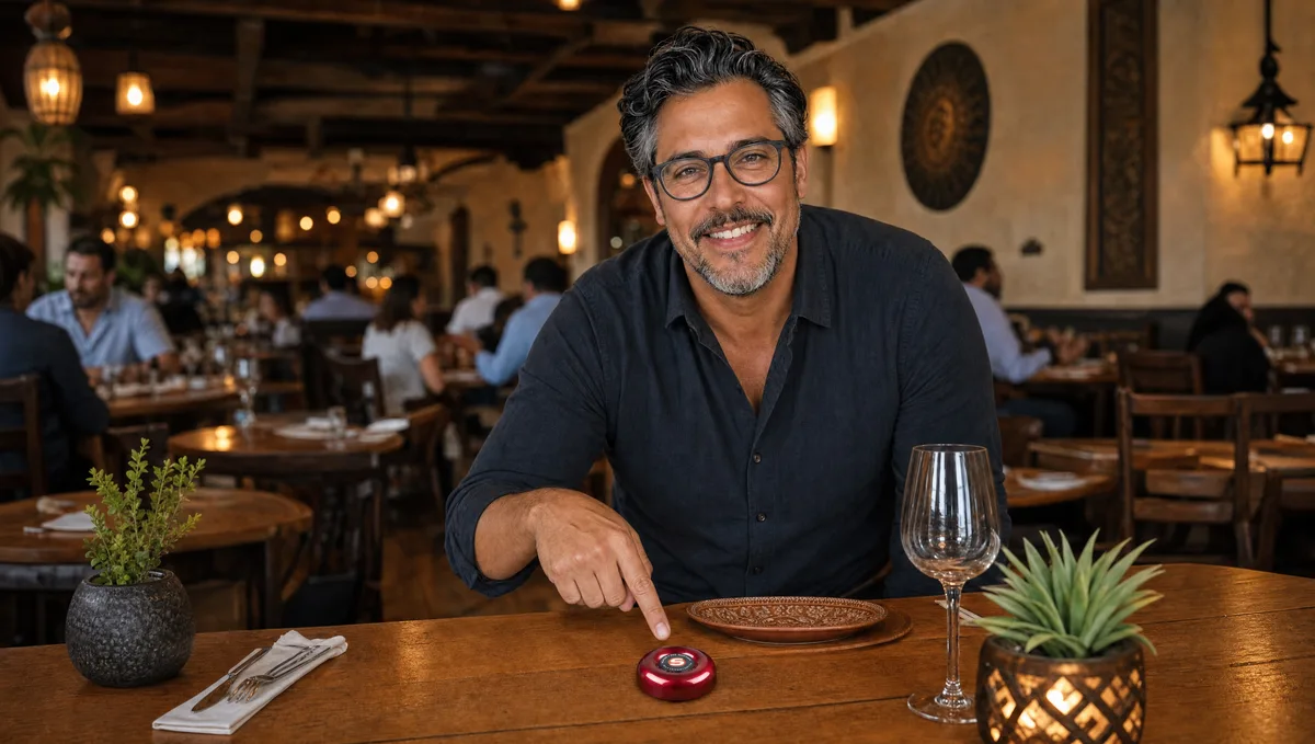 Cliente presionando el botón rojo para llamar al mesero en la mesa del restaurante